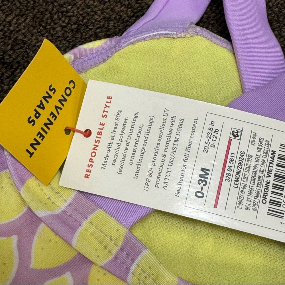 0-3M + 3-6M - Cat & Jack Baby One Piece Swim Suit with Snaps Lemon UPF 50+ NEW - Picture 5 of 5